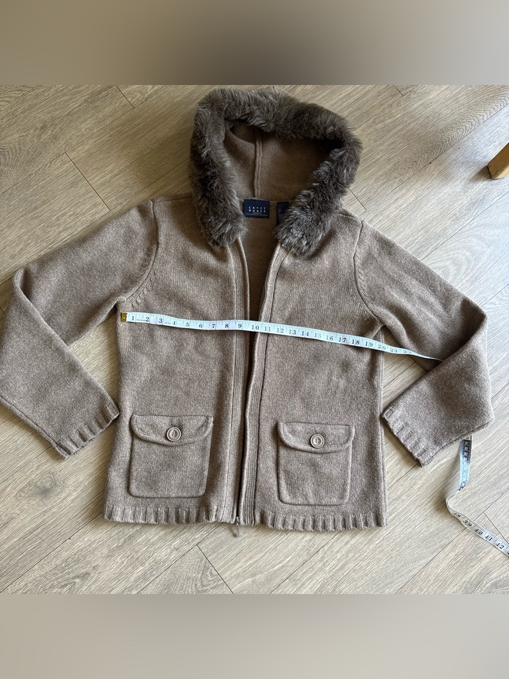 100% lambs wool cardigan with Faux Fur Trim